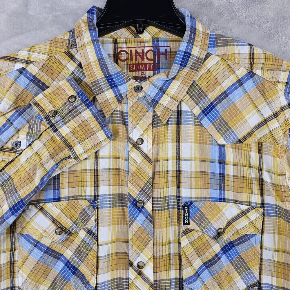 Cinch Western Pearl Snap Mens Xl Slim Fit Yellow Plaid Long Sleeve Cowboy